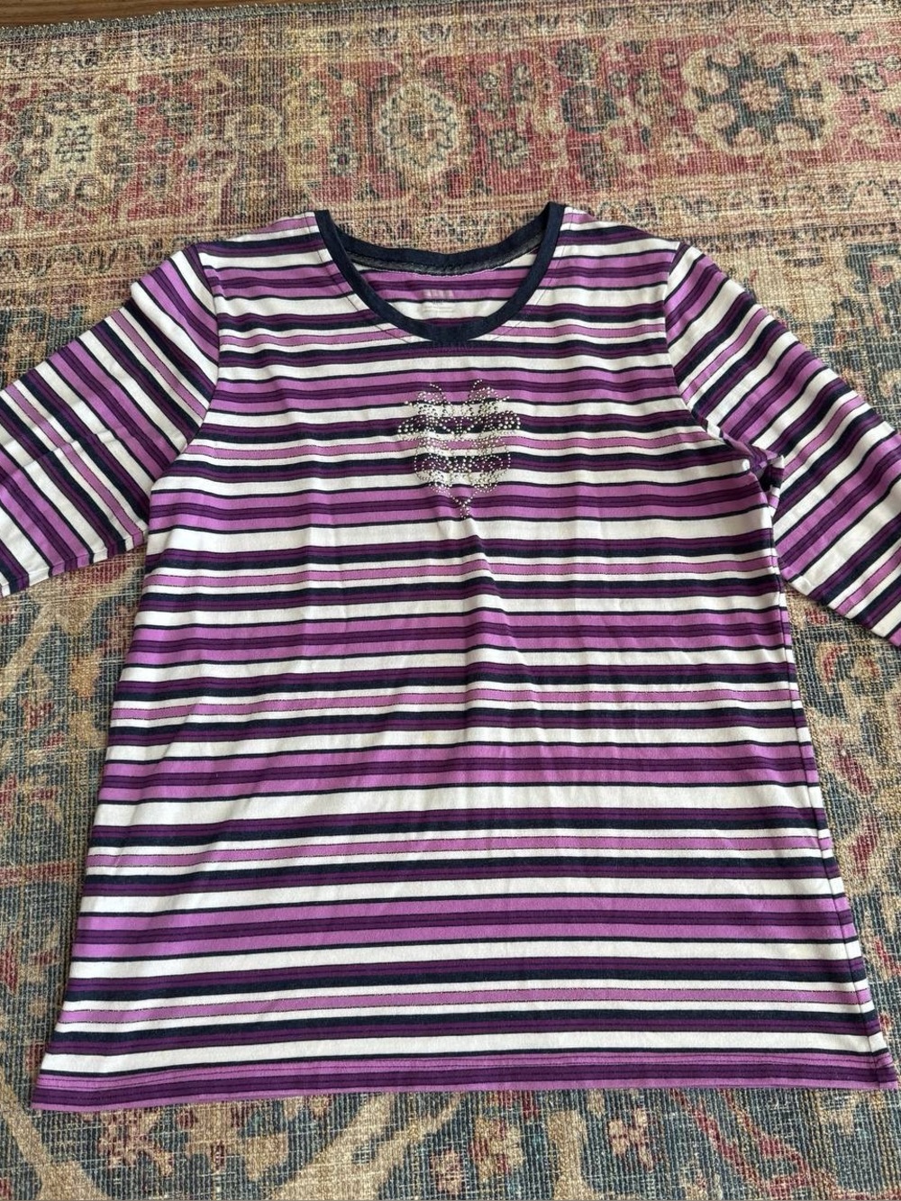 Alia Purple, White and Black Striped Pajama Top with Heart Accent